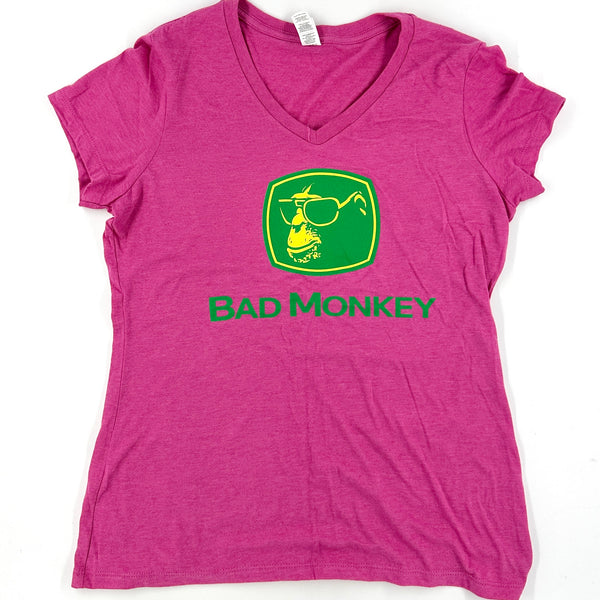 Tractor Monkey Ladies V-Neck Short Sleeve T-Shirt